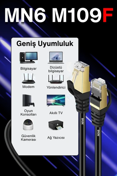 MN6 M109F 20 Metre Cat7 Kablo/Bakır Tel-50 Mikron Altın Kaplama-10Gbps/STP/20 Metre Cat7 Ethernet Kablosu - Resim 5