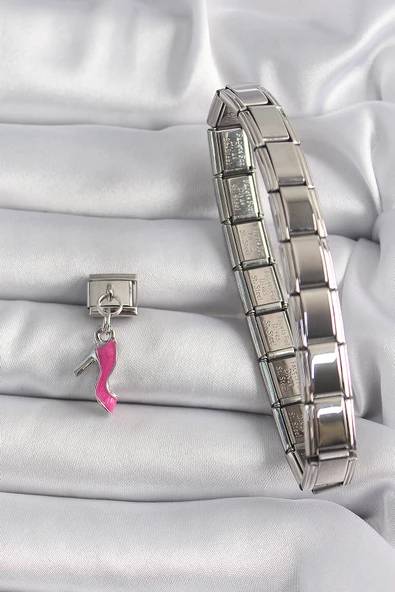 316L Çelik Gümüş Renk Sallantı Pembe Topuklu Ayakkabı Model Nomination Charm - TJ-BC1159 - 2
