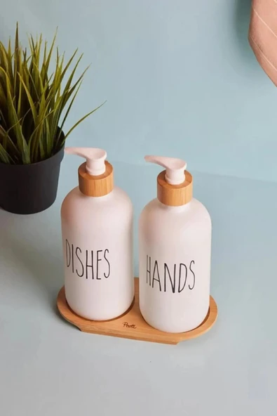 Perotti Lotion 2’li Beyaz Mutfak Sıvı Sabunluk Seti Bambu Tepsili 15706 - 2