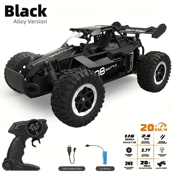 1:16 Off Road Şarjlı RC Uzaktan kumandalı SİYAH Arazi Aracı 5 Kanallı Tek Bataryalı 20 Km/s Hızında Hediyelik Oyuncak