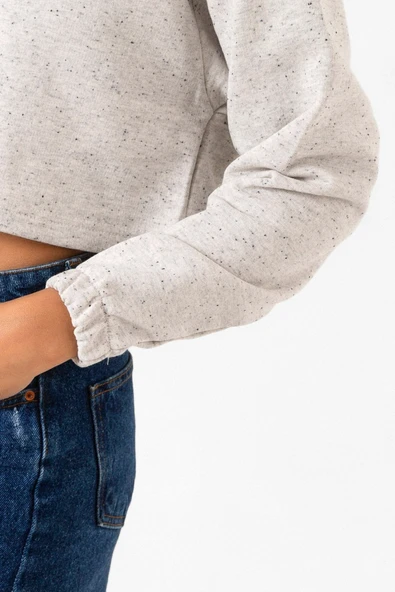 Jisoo Flower Beyaz Kırçıllı Kadın Crop Kapşonlu - Resim 5