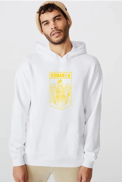 Romania Coat Arms Beyaz Erkek 3ip Kapşonlu  Sweatshirt