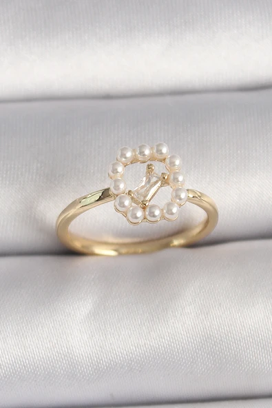 Pirinç Gold Renk Zirkon Taş Detaylı İncili Ayarlanabilir Yüzük - TJ-BYK3541