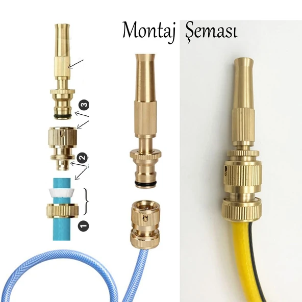 Ayarlanabilir Metal Sulama Başlığı Sarı Renk Hortum Bağlantı Aparatlı Sök Tak Bahçe Araba Yıkama - 3