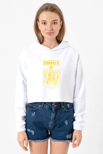 Romania Coat Arms Beyaz Optik Kadın Crop Kapşonlu