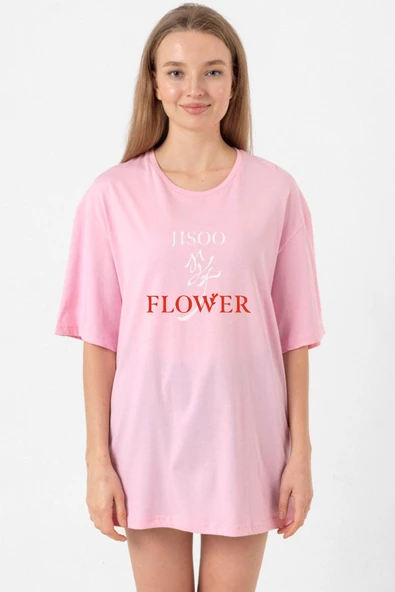 Jisoo Flower Pembe Kadın Oversize Tshirt ürün görseli 1