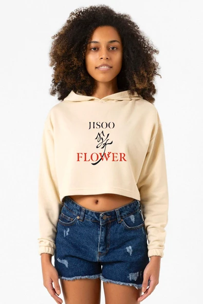 Jisoo Flower Bej Kadın Crop Kapşonlu