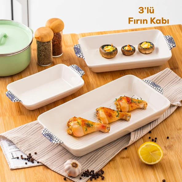 Porsima 080 Dikdörtgen 3'lü Porselen Fırın Kabı Servis Kabı Mavi Beyaz