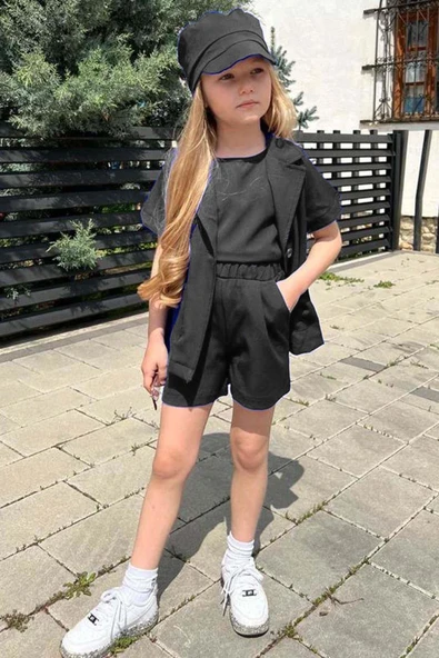 Kız Çocuk Kolsuz Penye Bluz Kısa Kollu Blazer Ceket Şapkalı Siyah Şortlu Takım - 8