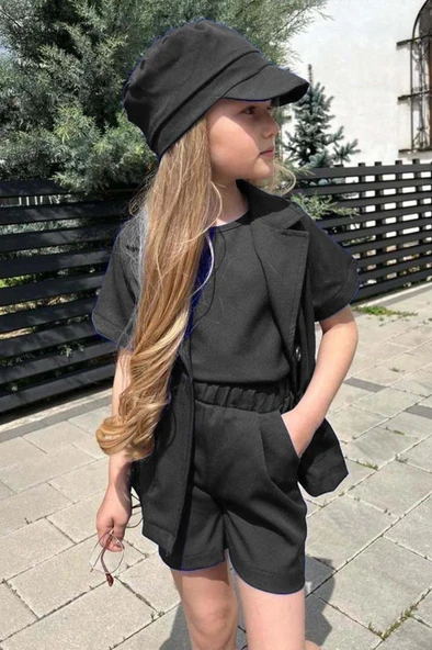 Kız Çocuk Kolsuz Penye Bluz Kısa Kollu Blazer Ceket Şapkalı Siyah Şortlu Takım - 3