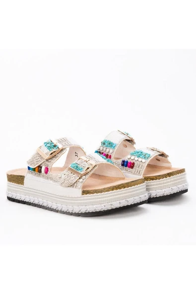 Guja 25Y103 Kadın Kalın Taban Hasırlı Taşlı Çift Toka Terlik(DAR KALIP BİR NUMARA BÜYÜK TERCİH EDİNİZ) - 6