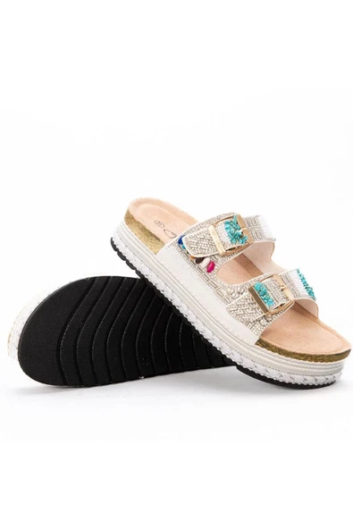 Guja 25Y103 Kadın Kalın Taban Hasırlı Taşlı Çift Toka Terlik(DAR KALIP BİR NUMARA BÜYÜK TERCİH EDİNİZ) - 8