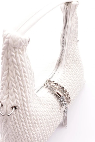 ÇÇS Beyaz Örme Kadın El ve Omuz Çantası 17331 - 4
