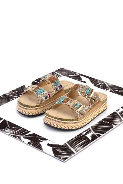 Guja 25Y103 Kadın Kalın Taban Hasırlı Taşlı Çift Toka Terlik(DAR KALIP BİR NUMARA BÜYÜK TERCİH EDİNİZ)