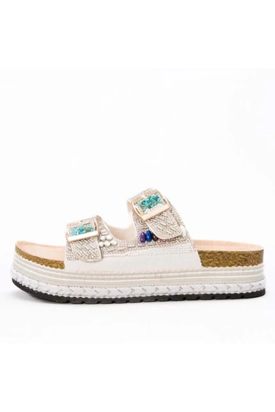 Guja 25Y103 Kadın Kalın Taban Hasırlı Taşlı Çift Toka Terlik(DAR KALIP BİR NUMARA BÜYÜK TERCİH EDİNİZ) - 5