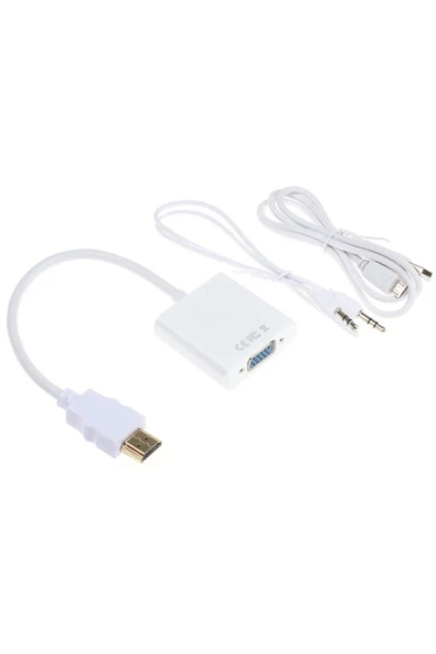 Hdmi To Vga Power Güç Ses Destekli Çevirici Dönüşütürücü Adaptör Beyaz