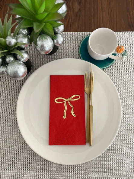 Gold Yaldızlı Kırmızı Fiyonk Baskılı Garson Katlama Peçete 16 Adet ürün görseli 1