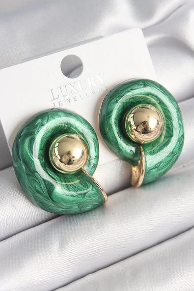 Pirinç Gold Renk Yeşil Mineli Salyangoz Model Kadın Küpe - TJ-BKP10047