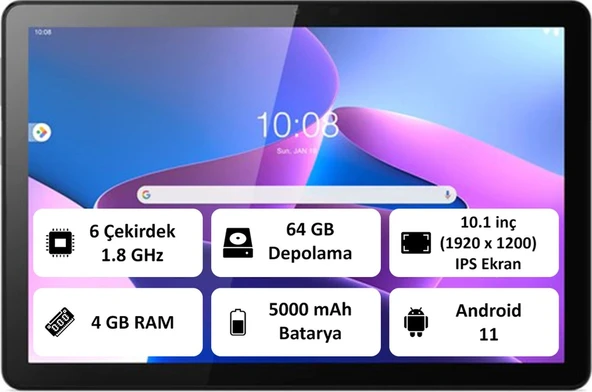 Lenovo Tab M10 64 4 ZAAE0012TR T610 10.1" Tablet Gri