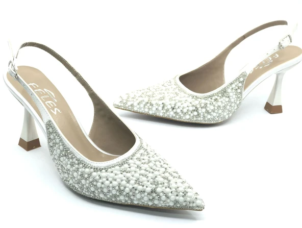 Feles Gelinlik Ayakkabısı Taş Detaylı Arkası Açık Stiletto Kadın Topuklu Ayakkabı - Resim 2