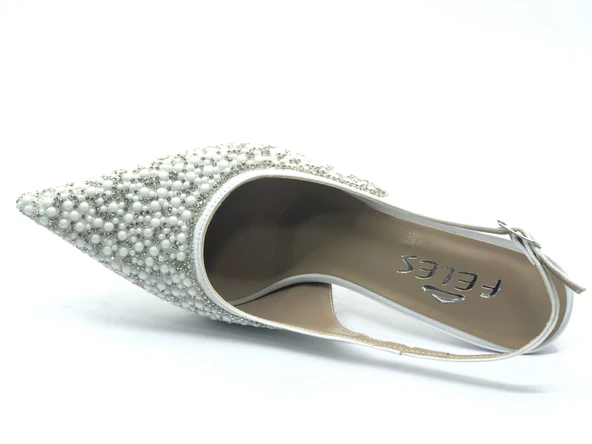 Feles Gelinlik Ayakkabısı Taş Detaylı Arkası Açık Stiletto Kadın Topuklu Ayakkabı - Resim 18