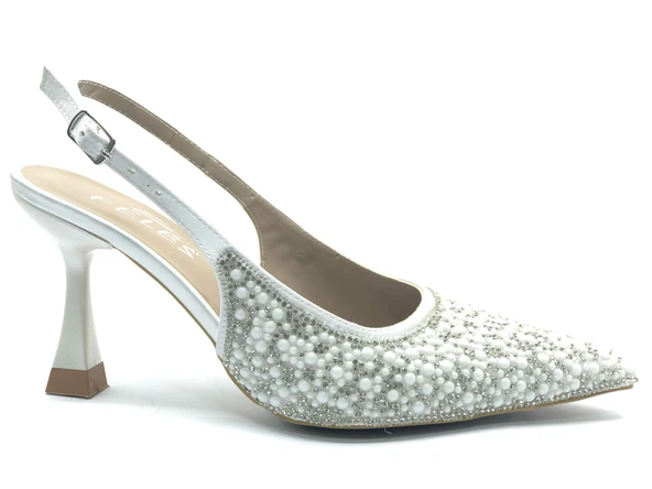 Feles Gelinlik Ayakkabısı Taş Detaylı Arkası Açık Stiletto Kadın Topuklu Ayakkabı - Resim 14