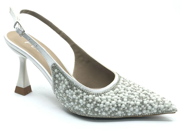 Feles Gelinlik Ayakkabısı Taş Detaylı Arkası Açık Stiletto Kadın Topuklu Ayakkabı - Resim 11