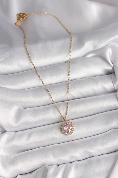 316L Çelik Gold Renk Zincir Pembe Zirkon Taşlı Kalp Model Kadın Kolye - TJ-BKO9718 - 2