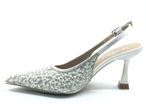 Feles Gelinlik Ayakkabısı Taş Detaylı Arkası Açık Stiletto Kadın Topuklu Ayakkabı - Resim 17