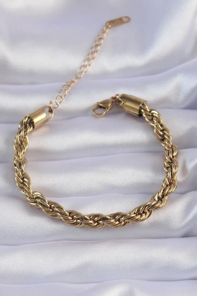 316L Çelik Gold Renk Kalın Burgu Zincir Bileklik - TJ-BB6167