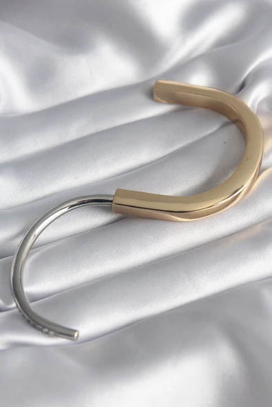 316L Çelik Gold Gümüş Renk Zirkon Taşlı Tiffany VIP Seri Kadın Kelepçe - TJ-BB5841 - 2