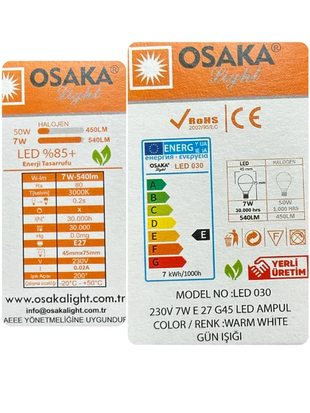 (10 Adet) Osaka 7W (50W) Sarı Işık E27 Duylu (Kalın Duy) Led Mini Ampul - 4