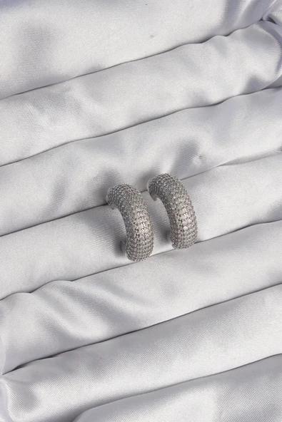 Pirinç Gümüş Renk Zirkon Taşlı Yarım Halka Küpe - TJ-BKP9114 - Resim 2