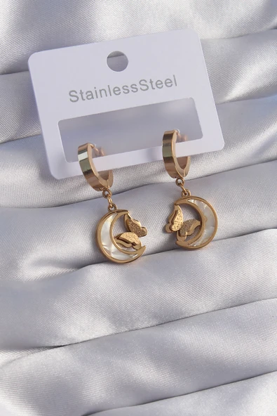 316L Çelik Gold Renk Mineli Ay Figürlü Kelebek Küpe - TJ-BKP9067 ürün görseli