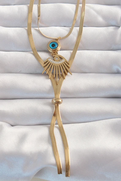 316L Çelik Gold Renk Zirkon Taşlı Göz Detay Nazarlı Uzun Asansör Model Kolye - TJ-BKO8962 ürün görseli 1