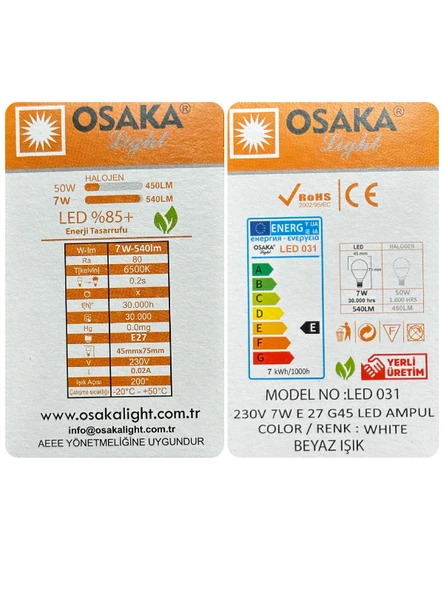 (4 Adet) Osaka 7W (50W) Beyaz Işık (6500K) E27 Duylu (Kalın Duy) Led Mini Ampul - 4