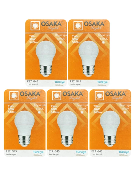 (5 Adet) Osaka 7W (50W) Beyaz Işık (6500K) E27 Duylu (Kalın Duy) Led Mini Ampul