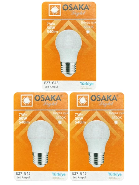(3 Adet) Osaka 7W (50W) Beyaz Işık (6500K) E27 Duylu (Kalın Duy) Led Mini Ampul