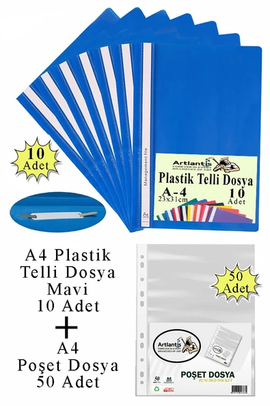 Telli Dosya Plastik A4 10 lu ve Poşet Dosya 50 li 1 Paket Ekonomik Kaliteli Şeffaf Kapak Telli Dosya Okul Büro Ofis - 8