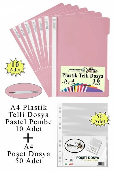Telli Dosya Plastik A4 10 lu ve Poşet Dosya 50 li 1 Paket Ekonomik Kaliteli Şeffaf Kapak Telli Dosya Okul Büro Ofis - 12