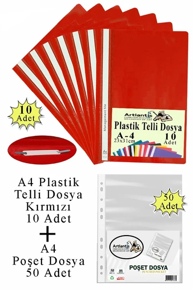 Telli Dosya Plastik A4 10 lu ve Poşet Dosya 50 li 1 Paket Ekonomik Kaliteli Şeffaf Kapak Telli Dosya Okul Büro Ofis - 5