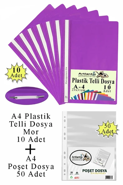 Telli Dosya Plastik A4 10 lu ve Poşet Dosya 50 li 1 Paket Ekonomik Kaliteli Şeffaf Kapak Telli Dosya Okul Büro Ofis - 9