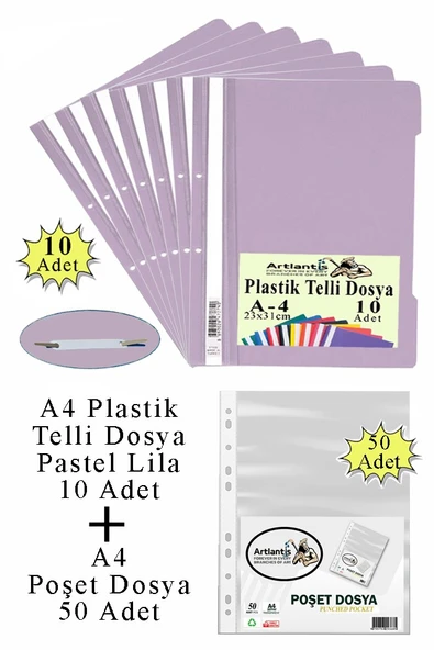 Telli Dosya Plastik A4 10 lu ve Poşet Dosya 50 li 1 Paket Ekonomik Kaliteli Şeffaf Kapak Telli Dosya Okul Büro Ofis - 10