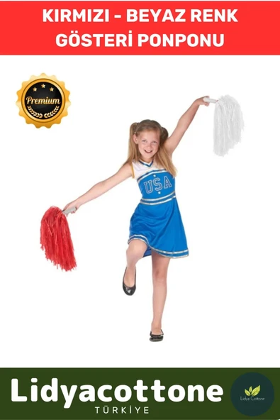 Gösteri Ponponu 1Çift ( 2 Adet 25 cm)Kırmızı Beyaz Premium Seri Tutma Yerli Rahat