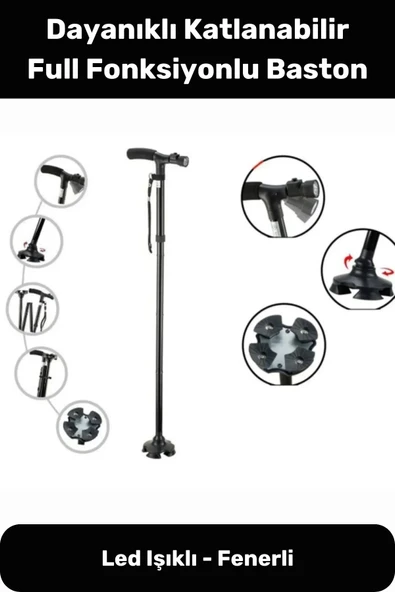 Led Işıklı Fenerli Yürüyüş Bastonu Kolay Açılıp Kapanan Dayanıklı Katlanabilir Full Fonksiyonlu