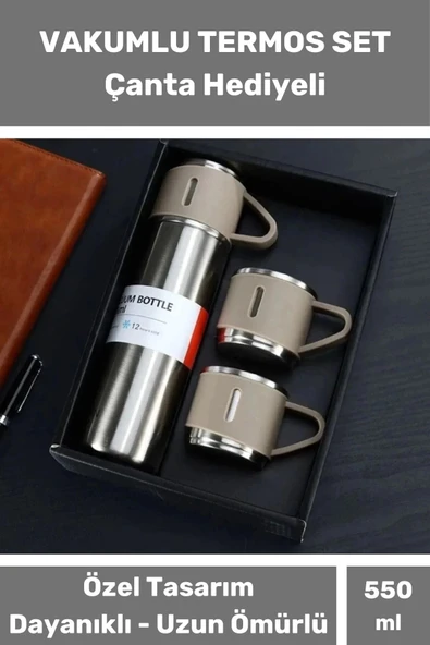 3 Bardaklı Soğuk Sıcak Termos Vakumlu Termos Set Çanta Hediyeli Paslanmaz Çelik 550 Ml