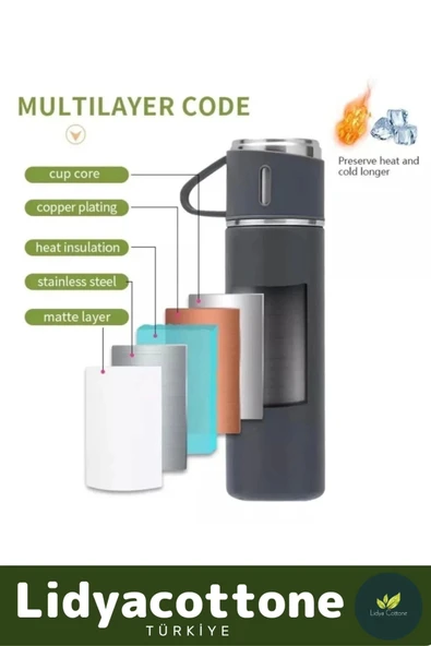 3 Bardaklı Soğuk Sıcak Termos Vakumlu Termos Set Çanta Hediyeli Paslanmaz Çelik 550 Ml - 5