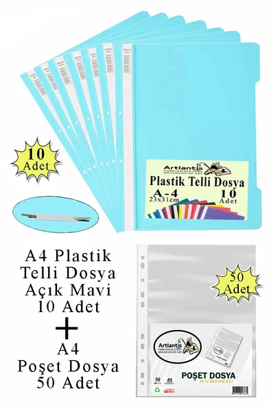 Telli Dosya Plastik A4 10 lu ve Poşet Dosya 50 li 1 Paket Ekonomik Kaliteli Şeffaf Kapak Telli Dosya Okul Büro Ofis