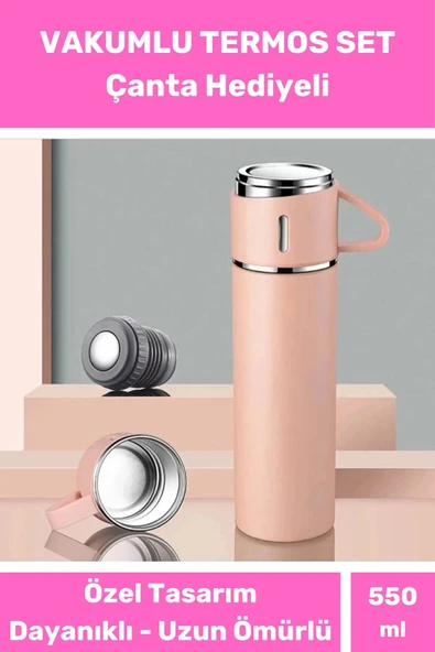 3 Bardaklı Soğuk Sıcak Termos Vakumlu Termos Set Çanta Hediyeli Paslanmaz Çelik 550 Ml