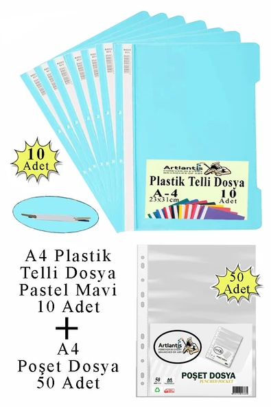 Telli Dosya Plastik A4 10 lu ve Poşet Dosya 50 li 1 Paket Ekonomik Kaliteli Şeffaf Kapak Telli Dosya Okul Büro Ofis - 11